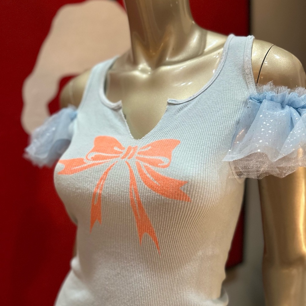 BOW DOWN distressed ribbon keyhole handmade tank flutter sleeves distressed M - Picture 2 of 11